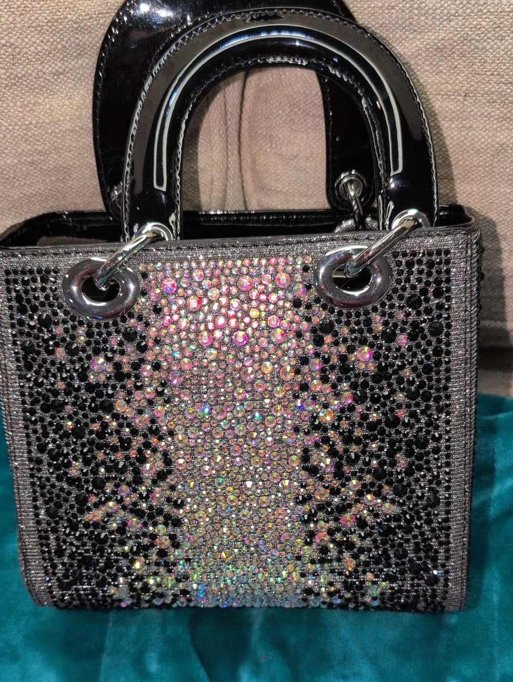 Crystal-Embellished Black Patent Mini Tote With Crossbody Strap - Picture 1 of 16